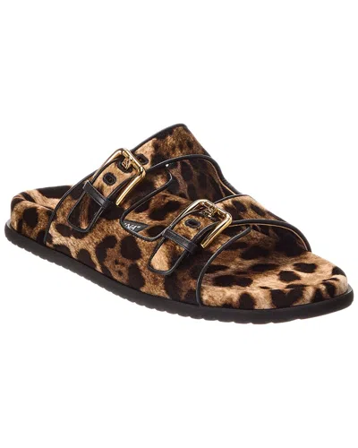 Dolce & Gabbana Printed Velvet & Leather Slide In Brown