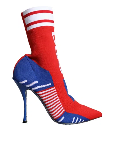 Dolce & Gabbana Red Blue Stretch Sock Style Ankle Boots Logo Shoes In Multicolor