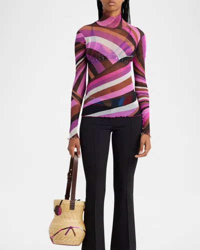 Emilio Pucci Abstract-print Mock-neck Tulle T-shirt In Multicolor