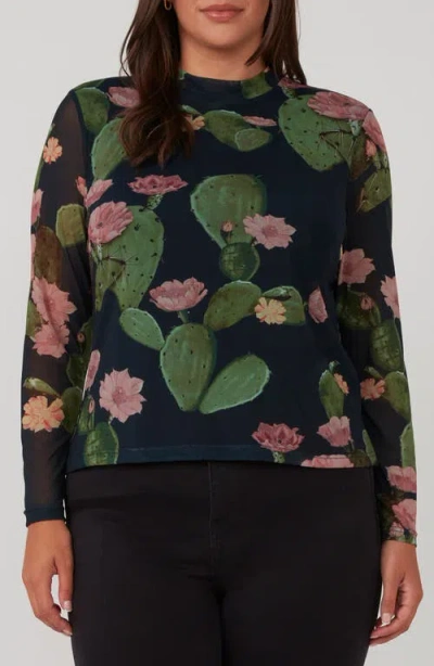 Estelle Mezzanine Cactus Print Mesh Top In Blue Print