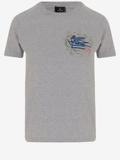 Etro Cotton T Shirt With Pegasus And Monogram In Grey
