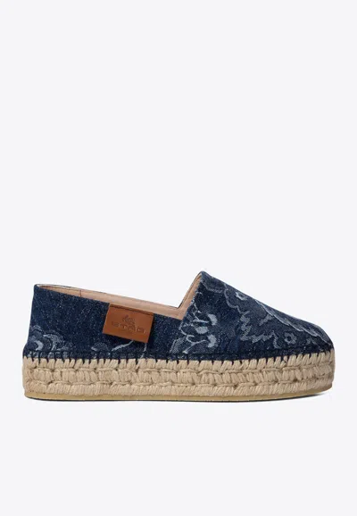 Etro Paisley Denim Jacquard Platform Espadrilles In Blue