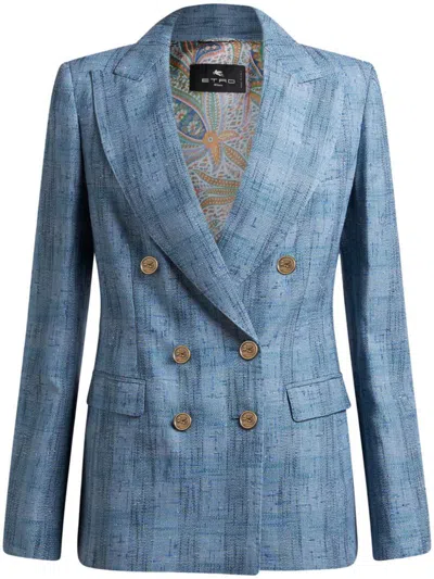 Etro Double-breasted Blazer With Paisley Lining In Blue