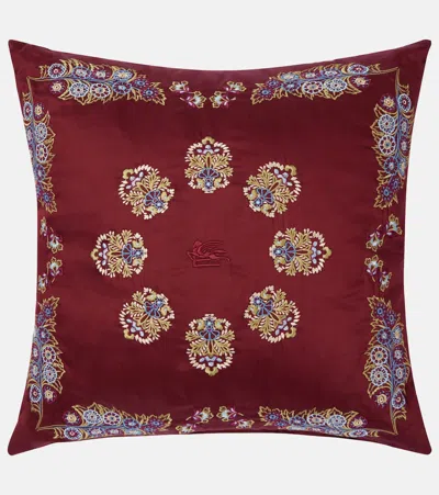 Etro Embroidered Cotton Satin Cushion In Red