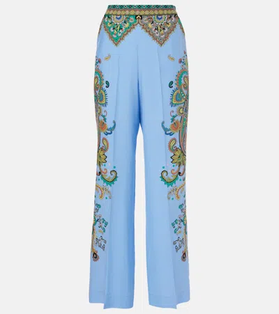 Etro Floral Paisley Silk Flare Leg Pants In Blue