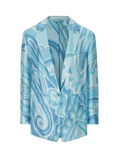 Etro Giacca Fuji Silk Printed Blazer Jacket In Blue