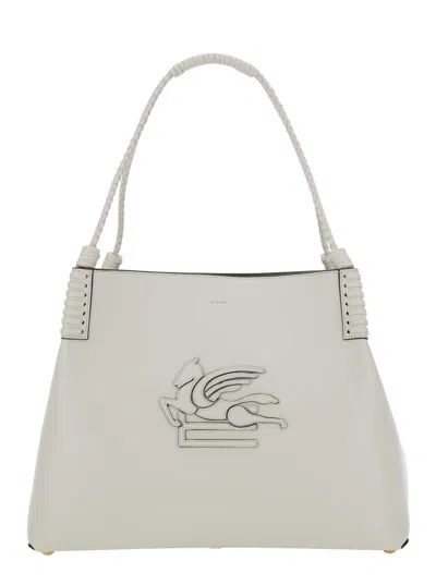 Etro Libra White Shoulder Bag With Maxi Logo On The Front In Leather Woman In Bianco Latte