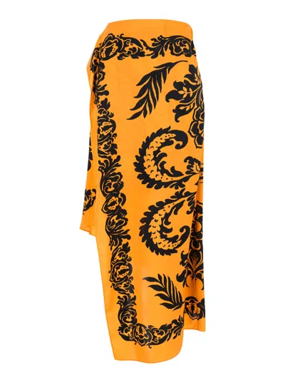 Etro Orange Skirt With Asymmetric Design And All-over Stencil Floral Print In Viscose Woman In Multi