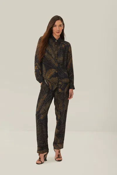 Farm Rio Active Black Golden Foliage Pajama Pants In Brown