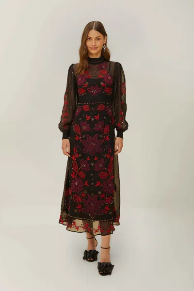 Farm Rio Active Black Organza Long Sleeve Midi Dress