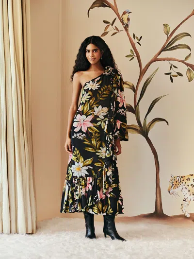 Farm Rio Active Black Surreal Flowers One-shoulder Maxi Dress In Surreal Flowers Black