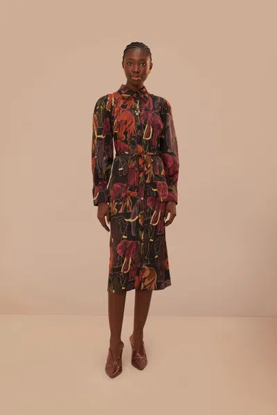 Farm Rio Active Elephants Brown Long Sleeve Midi Dress