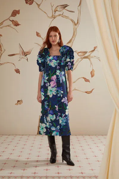 Farm Rio Active Floraline Ruffle Short Sleeve Midi Dress In Floraline Blue