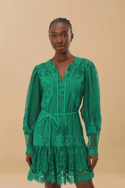Farm Rio Active Green Tropical Flight Guipure Mini Dress