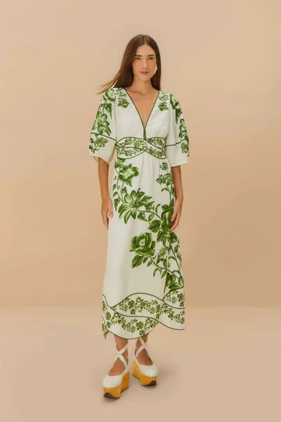 Farm Rio Active Off-white Green Floral Cascade Lenzing Ecovero Euroflax Midi Dress In Green Floral Cascade Off-white