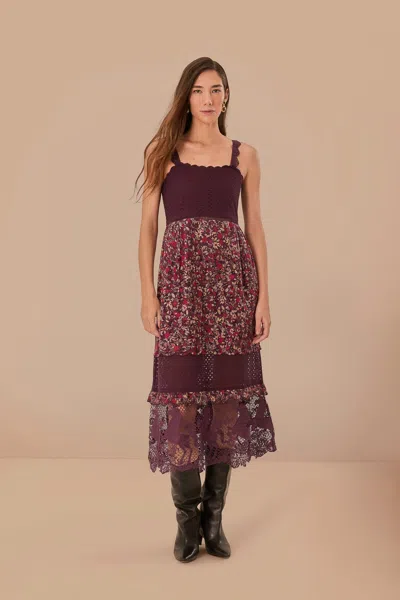 Farm Rio Active Purple Chelsea Garden Embroidered Lace Midi Dress In Chelsea Garden Purple