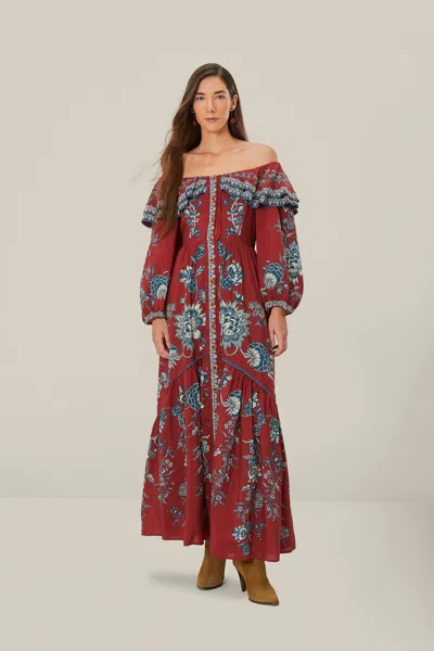 Farm Rio Active Red Tropical Landing Off Shoulder Maxi Dress In Tropical Landing Red