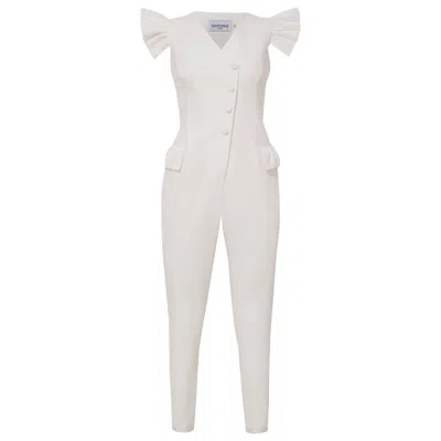 Femponiq Women's Ruffled Sleeve Tuxedo Jumpsuit - White