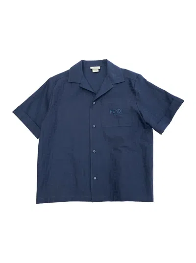 Fendi Kids' Blue Shirt With Logo Lettering On The Front And All-over Tonal Ff Logo Motif In Cotton Boy
