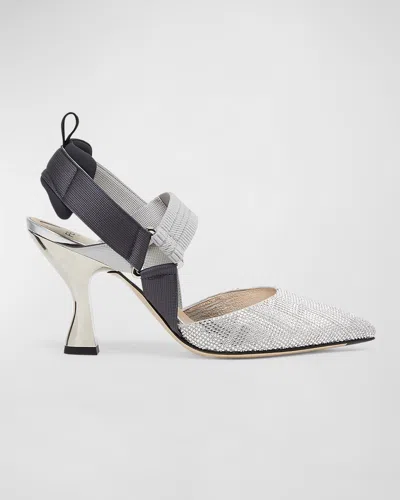 Fendi Colibri Crystal Ff Sporty Slingback Pumps In Silver