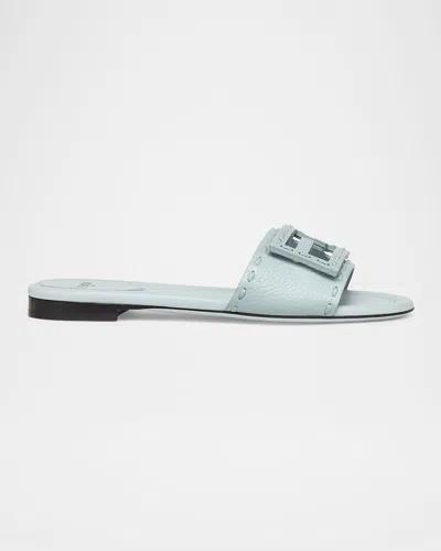 Fendi Ff Leather Buckle Flat Slide Sandals In Blue