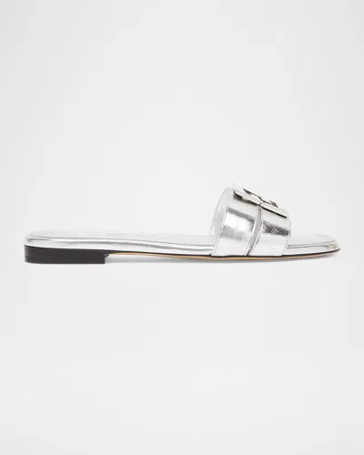 Fendi Ffold Metallic Leather Sandals In Silver