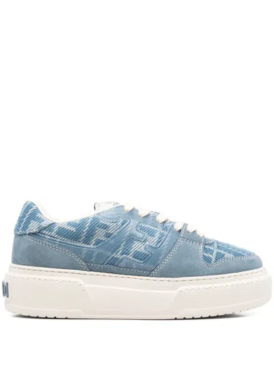 Fendi Denim-effect Ff Jacquard And Light Blue Suede Platform Low Tops