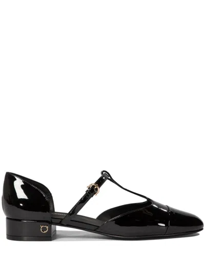 Ferragamo Elegant Patent Leather Ballet Flats With Golden Accents In Black