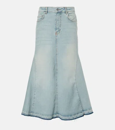 Ganni Tint Frayed Paneled Denim Midi Skirt In Blue