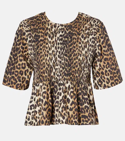 Ganni Black & Brown Open Back Smock Blouse In Multi