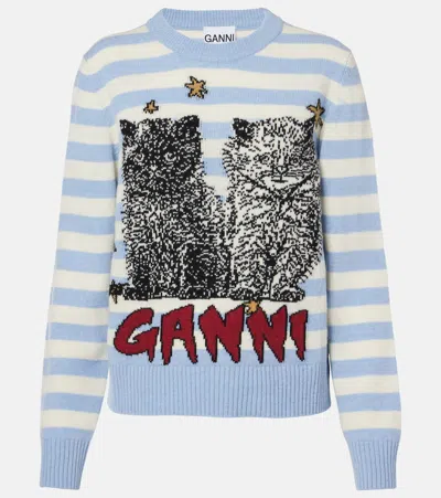 Ganni Light Blue Crewneck With Maxi Logo Print On The Front And All-over Striped Motif In Wool Blend Woman In Multi