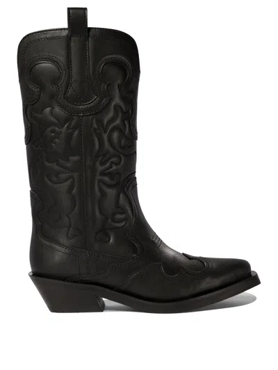 Ganni Burgundy & Black Mid Shaft Embroidered Western Boots