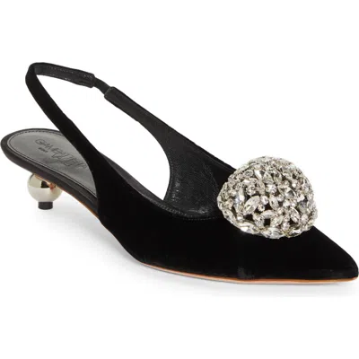 Giambattista Valli Crystal Ball Pointed Toe Velveteen Slingback Pump In Black/crystal