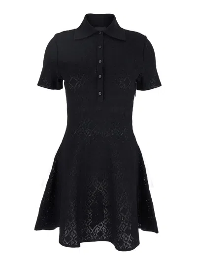 Givenchy Black Dress With Polo Shirt Style Collar And All-over Logo Embroidery In Viscose Blend Stre