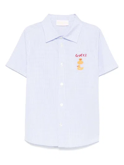 Gucci Babies' Embroidered Cotton Shirt In Blue