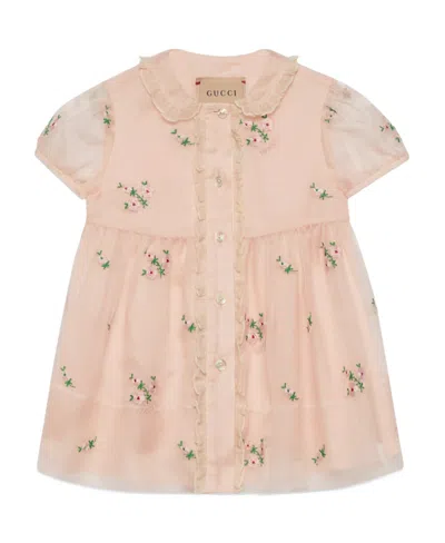 Gucci Babies' Floral-embroidered Party Dress In Nude