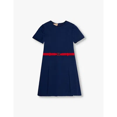 Gucci Kids' Logo-jacquard Belted Pleated-skirt Woven Dress 4-12 Years In Navy/mix