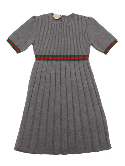 Gucci Kids' Grey Wool Dress With Web Ribbon