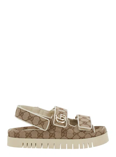 GUCCI GUCCI BEIGE SANDALS WITH GG LOGO AND VELCRO STRAP CLOSURE IN GG CANVAS WOMAN