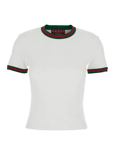 Gucci White Crewneck T-shirt With Web Detail On The Edges In Cotton Woman