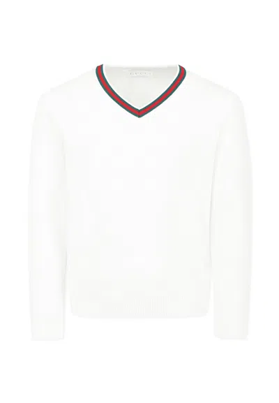 Gucci White Sweater For Kids With Web Detail In White/green/red