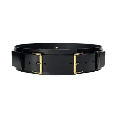 Haute Cuir Women's Black Double Buckle Wide Belt