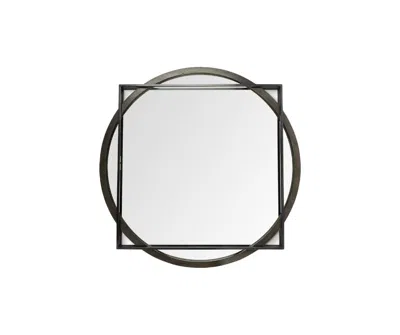 Homezia 46" Round On Square Black Wood And Metal Frame Wall Mirror