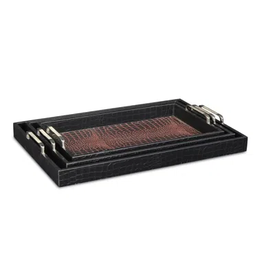 Homezia Set Of Three 23" Brown Rectangular Faux Alligator Tray With Chrome Handles