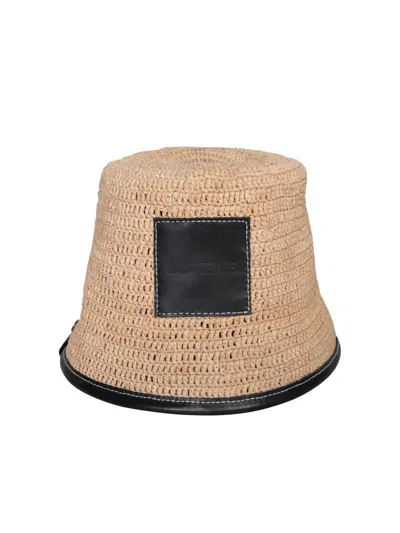 Jacquemus Le Bob Soli Leather-trimmed Raffia Bucket Hat In Black