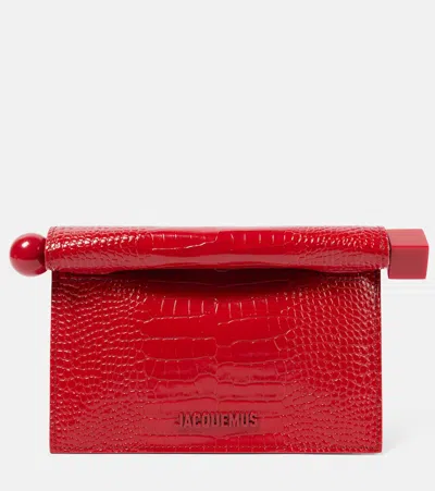 Jacquemus Rond Carré Small Croc-effect Leather Clutch In Red