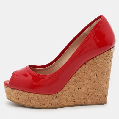 Pre-owned Jimmy Choo Red Patent Leather Papina Wedge Pumps Size 37