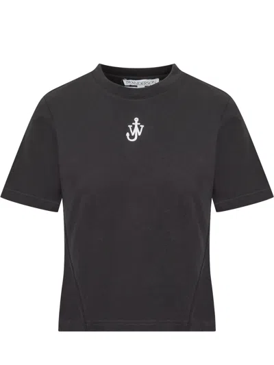 Jw Anderson J. W. Anderson Cropped T-shirt With Anchor Embroidery In Organic Cotton In Black