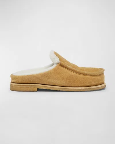 Jw Anderson Suede Shearling Loafer Mules In Brown