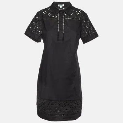 Pre-owned Kenzo Black Cotton Poplin Lace Detailed Short Sleeve Dress M
